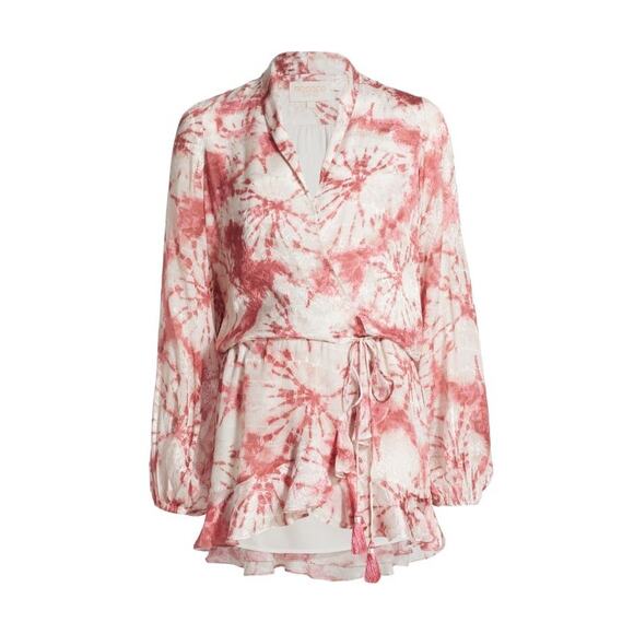 Rococo Sand Ava Rosewood Tie Dye Print Faux Wrap Ruffle Mini Dress Size M - Picture 6 of 15